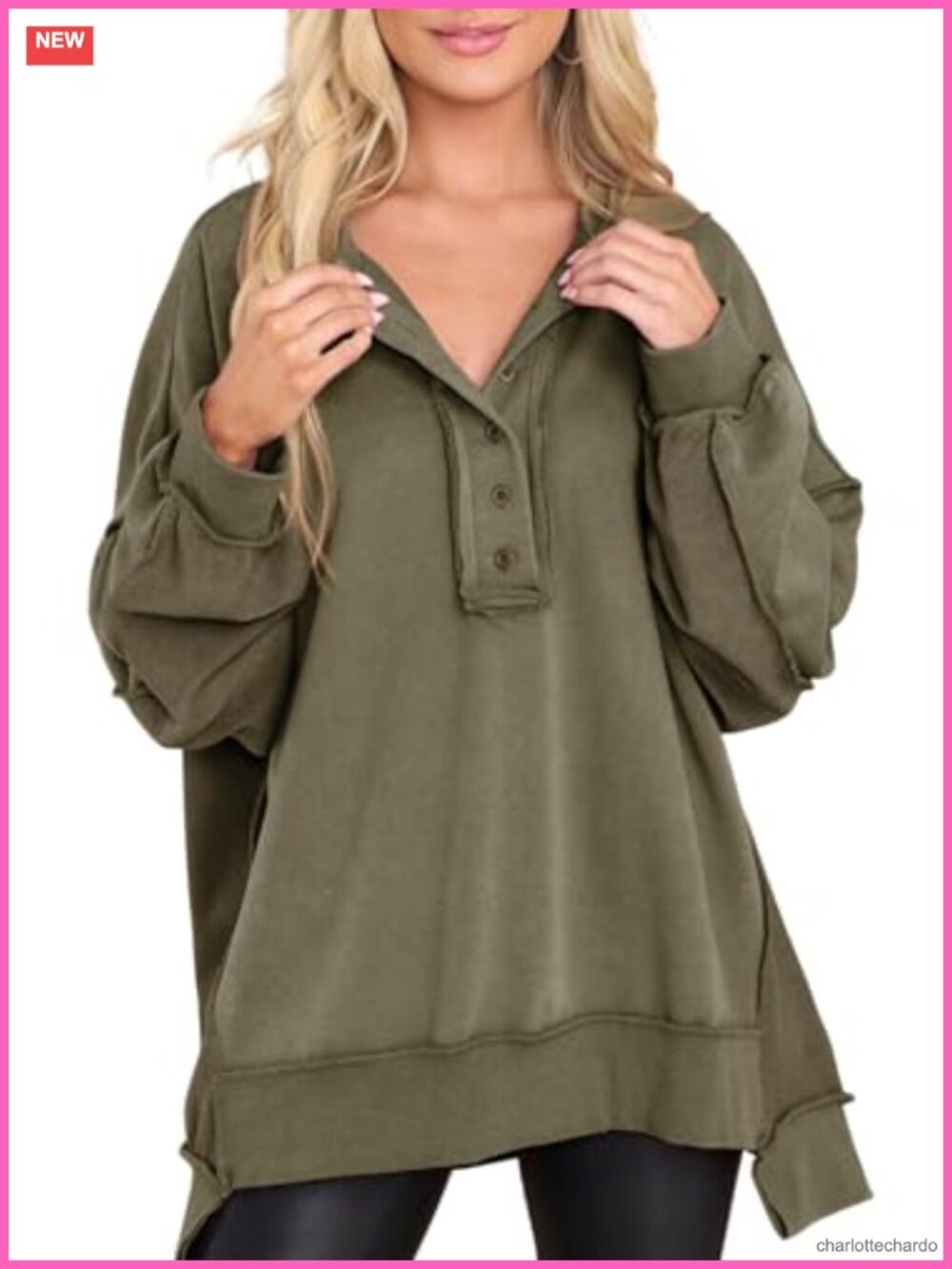 Oversized Henley Neck Sweatshirt Long Sleeve Pullover Women's Casual Fall Top